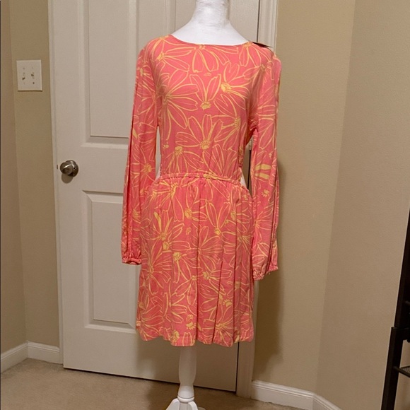 Boho Coral and Peach Chic Long Sleeve Lightweight Dress in Coral and Yellow - Picture 1 of 6